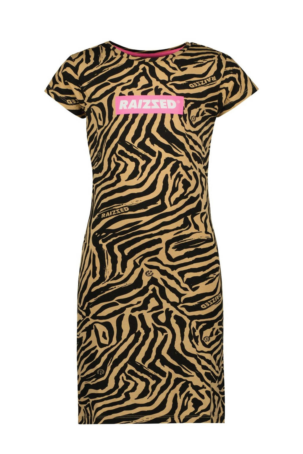 Bruin en zwarte meisjes Raizzed T-shirtjurk Malaga van stretchkatoen met all over print, korte mouwen en ronde hals