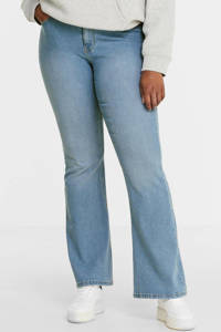 Lichtblauwe dames PIECES Curve high waist flared jeans van stretchdenim met rits- en knoopsluiting