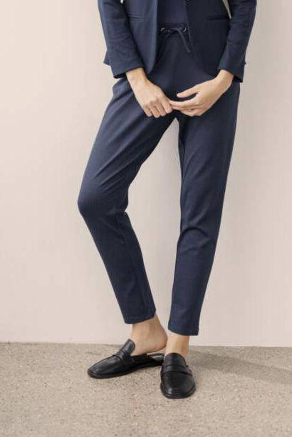 Donkerblauwe dames Fransa slim fit broek van viscose met regular waist en elastische tailleband met koord