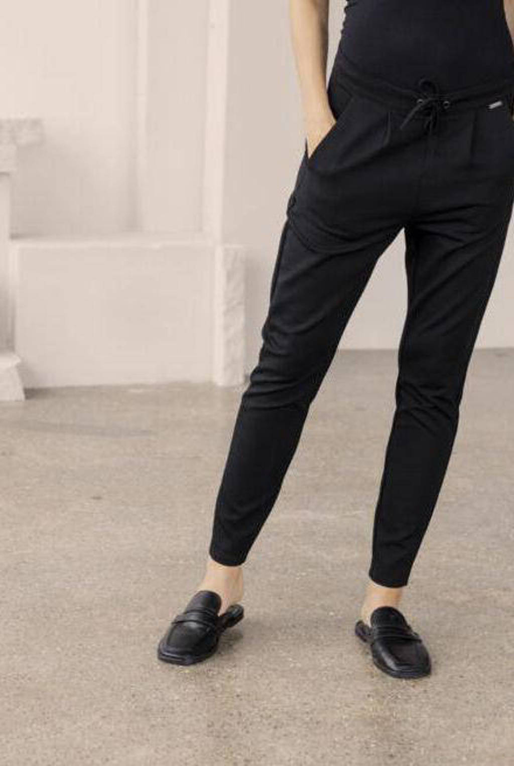 Zwarte dames Fransa slim fit broek van viscose met regular waist en elastische tailleband met koord