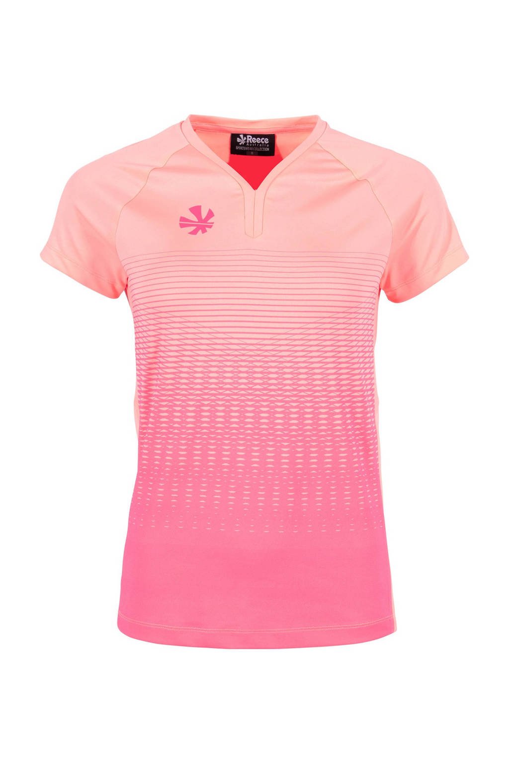Lichtroze en roze dames Reece Australia sport T-shirt van polyester met all over print, korte mouwen en V-hals