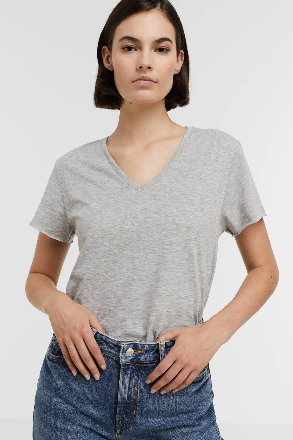 Grijze dames My Essential Wardrobe gemêleerd T-shirt van biologisch katoen met korte mouwen en V-hals