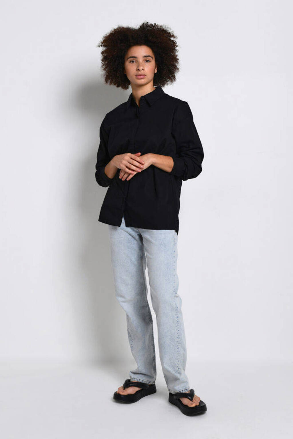 Zwarte dames My Essential Wardrobe blouse katoen met lange mouwen, klassieke kraag en knoopsluiting