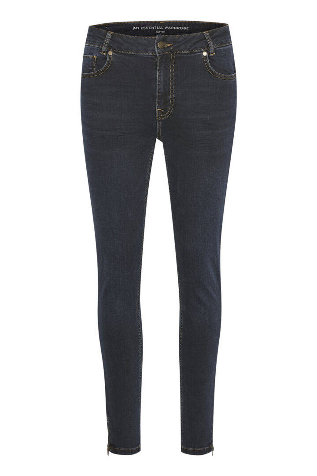 Donkerblauwe dames My Essential Wardrobe cropped high waist slim fit jeans The Celina Zip van stretchdenim 