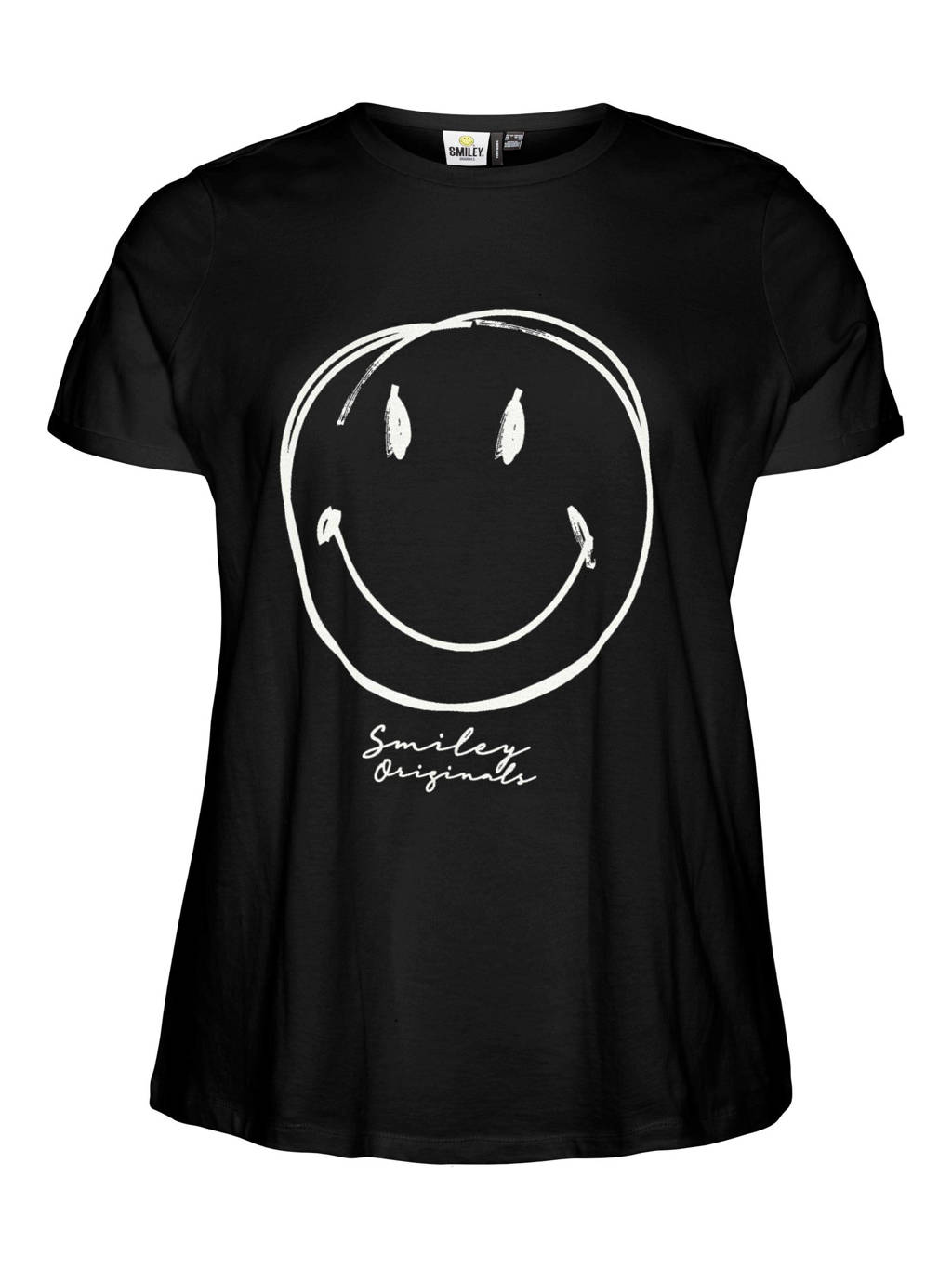 Zwart en witte dames VERO MODA CURVE T-shirt van katoen met printopdruk, korte mouwen en ronde hals