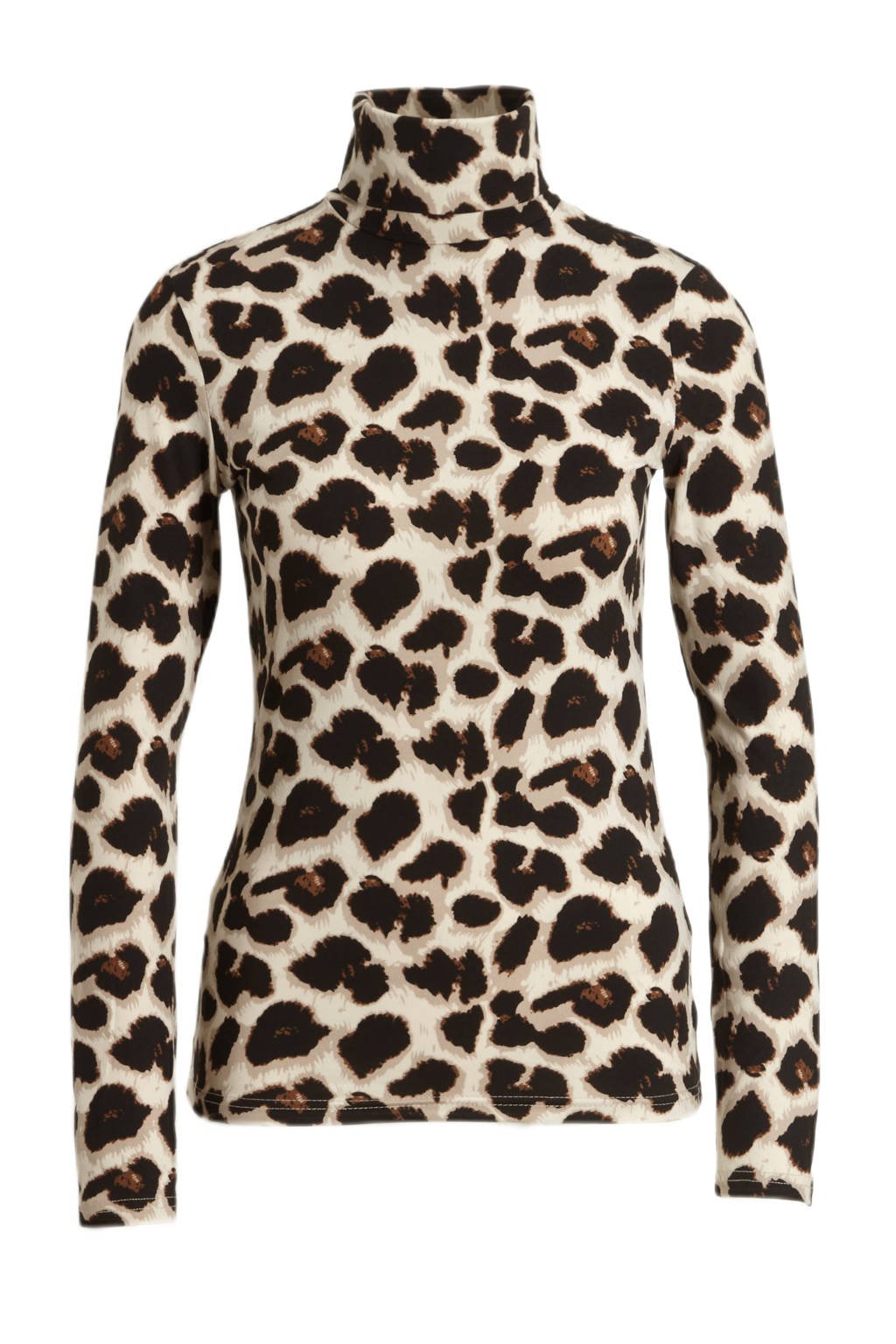 Ecru en zwarte dames PIECES top van gerecycled polyester met panterprint, lange mouwen en col