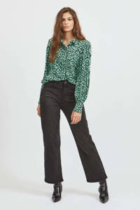 Turquoise en zwarte dames VILA blouse van viscose met all over print, lange mouwen, klassieke kraag en knoopsluiting