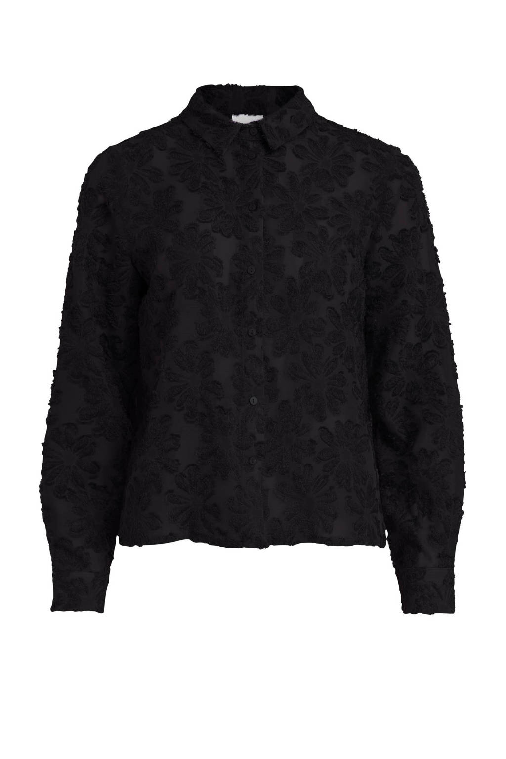 Zwarte dames VILA gebloemde blouse van polyester met lange mouwen, klassieke kraag, knoopsluiting en borduursels