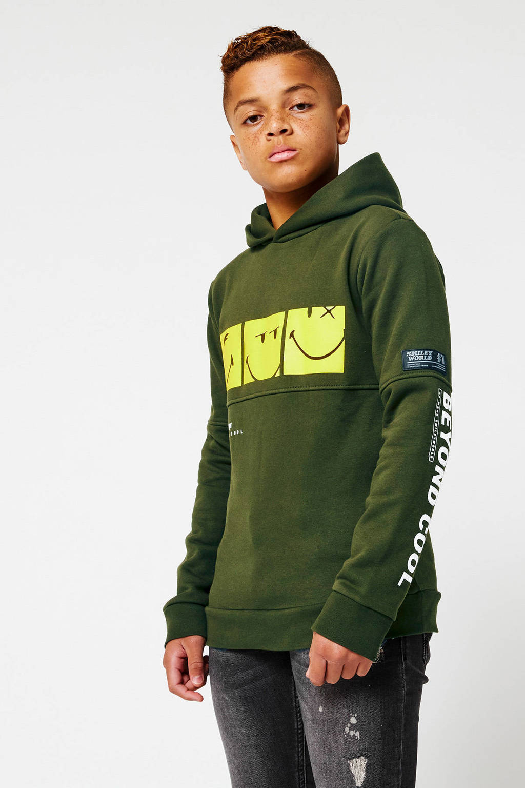 Groene jongens CoolCat Junior x Smiley hoodie van sweat materiaal met printopdruk, lange mouwen, capuchon en geribde boorden