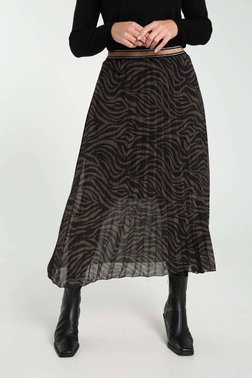 Donkergroene dames Cassis semi-transparante rok met zebraprint en plooien zwrat gemaakt van polyester en met elastische tailleband