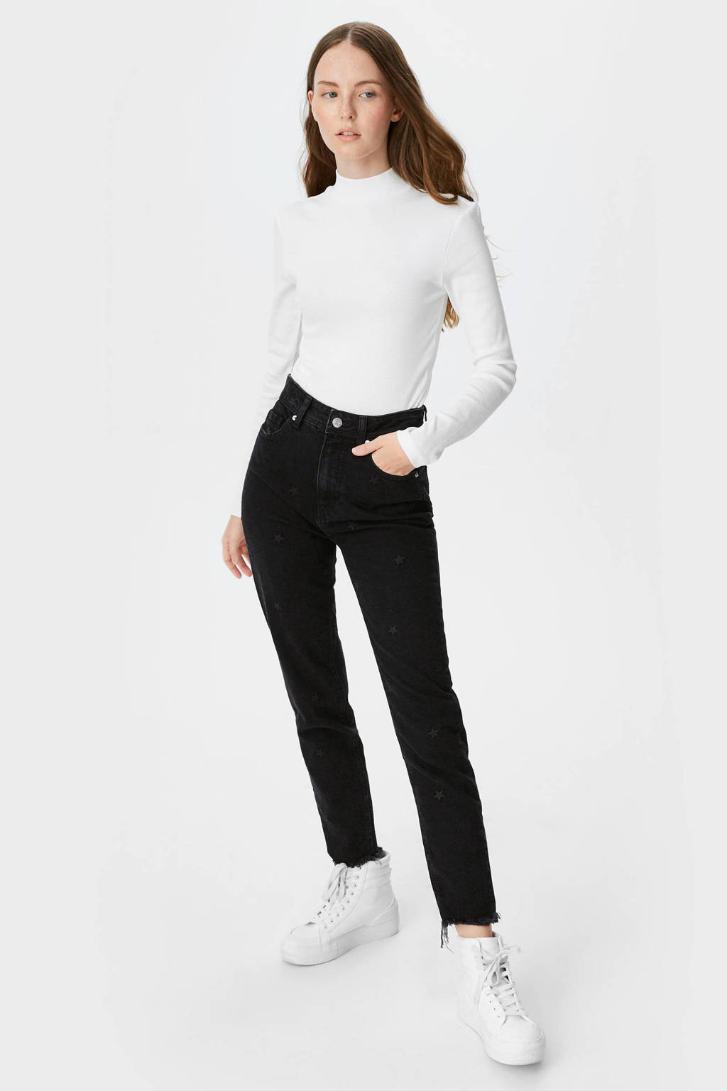 C&A Clockhouse cropped high waist straight fit jeans met sterren zwart, Zwart