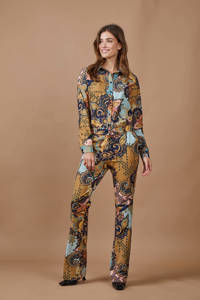 Oker en multikleurige dames Didi blouse van travelstof met all over print, lange mouwen, klassieke kraag en knoopsluiting