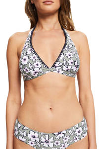 ESPRIT Women Beach gebloemde halter bikinitop olijfgroen/wit