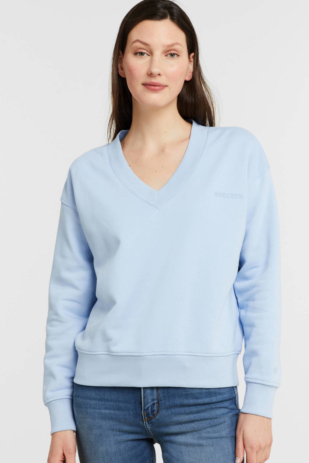 Lichtblauwe dames Raizzed sweater Noah van polyester met lange mouwen, V-hals en borduursels