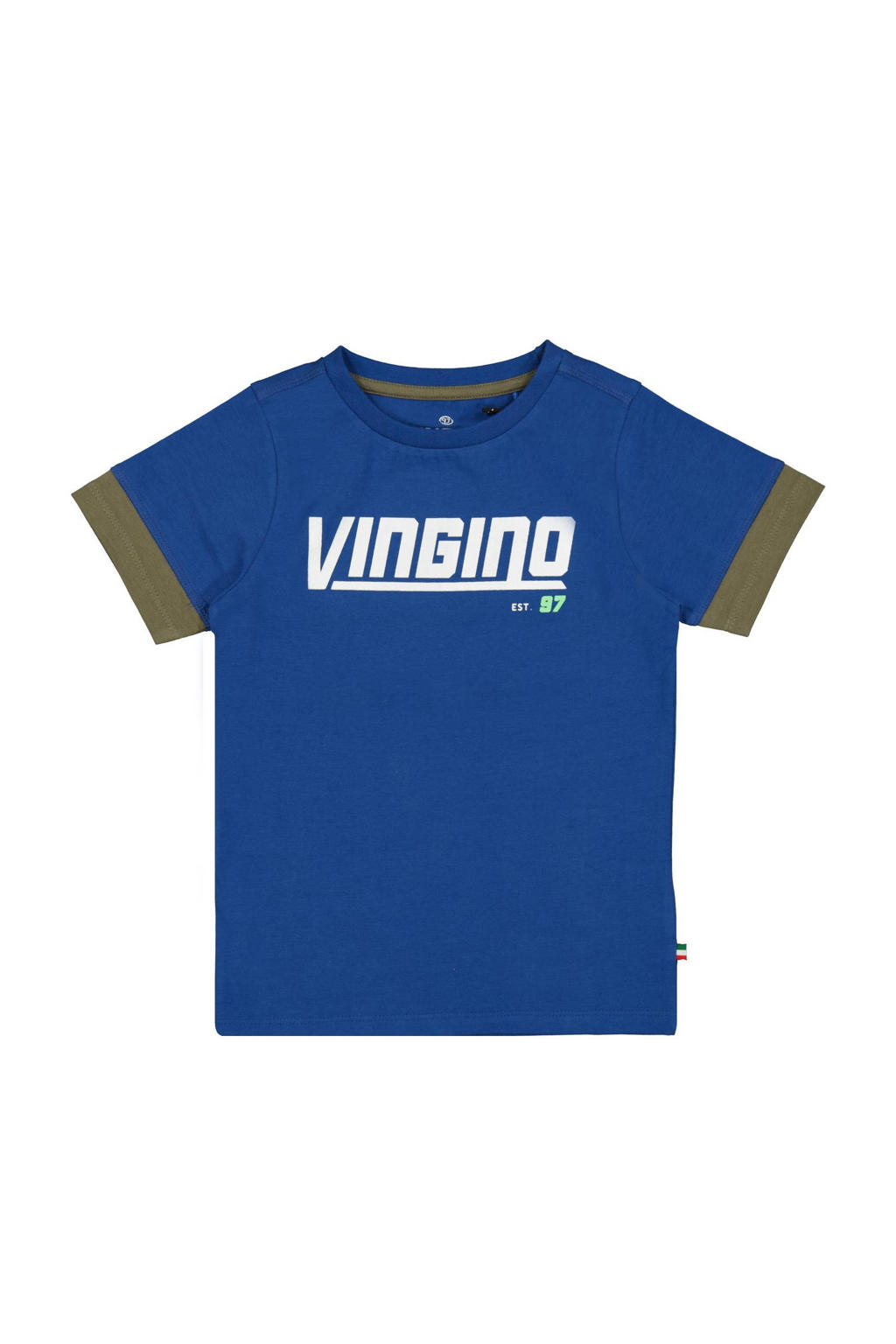 Blauw en groene jongens Vingino T-shirt Hayke hardblauw van stretchkatoen met logo dessin, korte mouwen en ronde hals