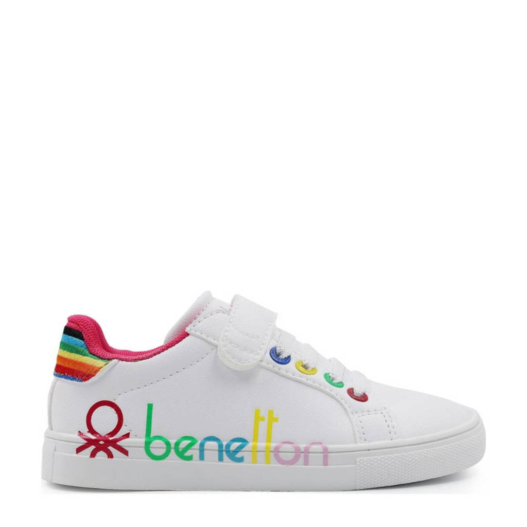 Wit en multikleurige meisjes Benetton Swiftly sneakers van imitatieleer met elastische veter- met klittenbandsluiting