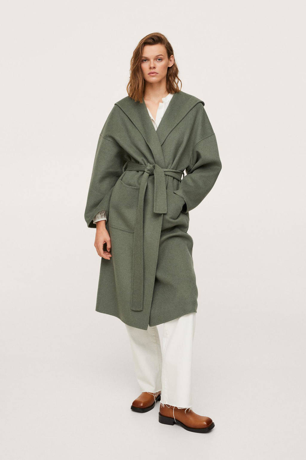 Groene dames Mango coat van gerecycled polyester met lange mouwen, capuchon, striksluiting en ceintuur