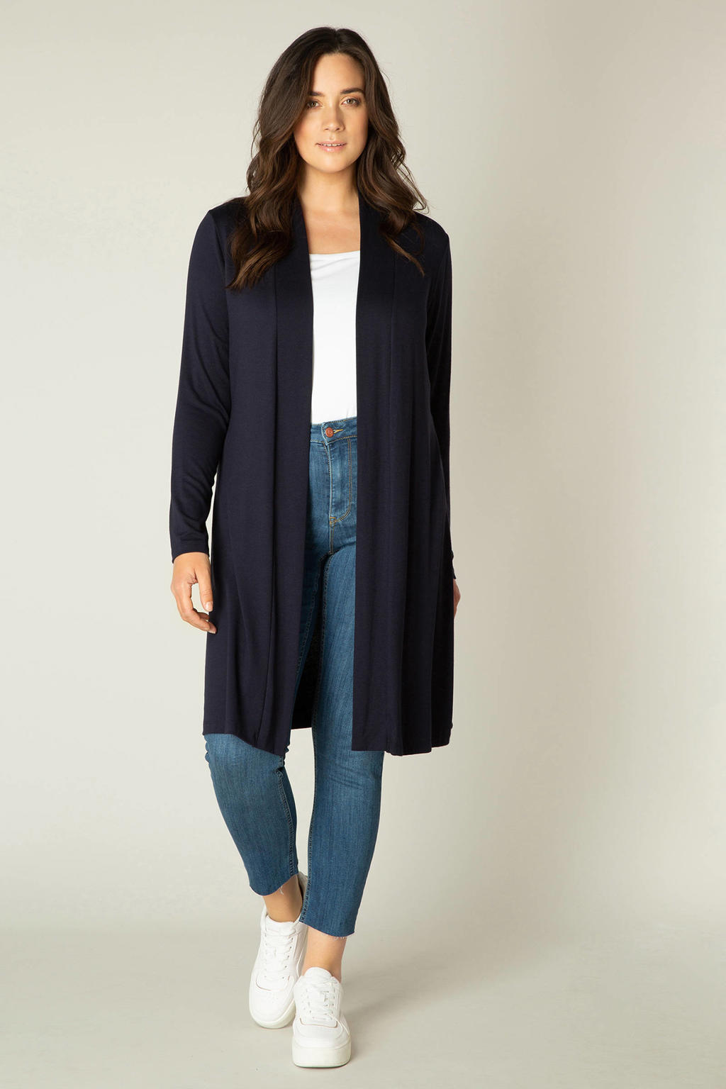 Base Level Curvy fijngebreid vest Ayla Long donkerblauw