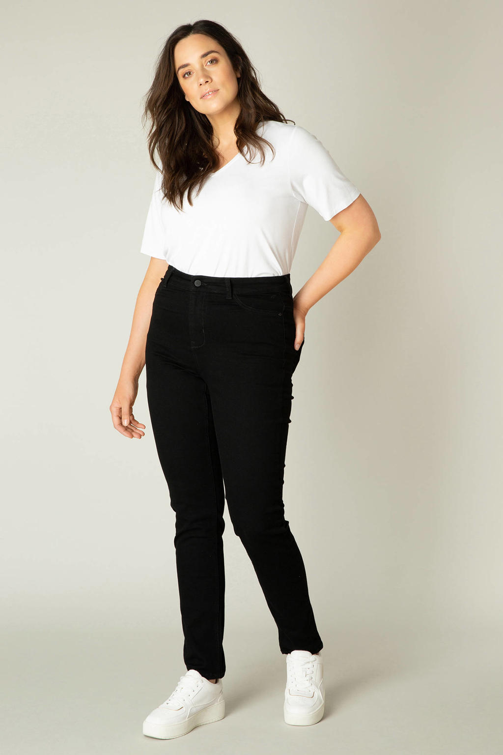 Zwarte dames Base Level Curvy high waist skinny jeans Faya van stretchdenim met rits- en knoopsluiting en effen