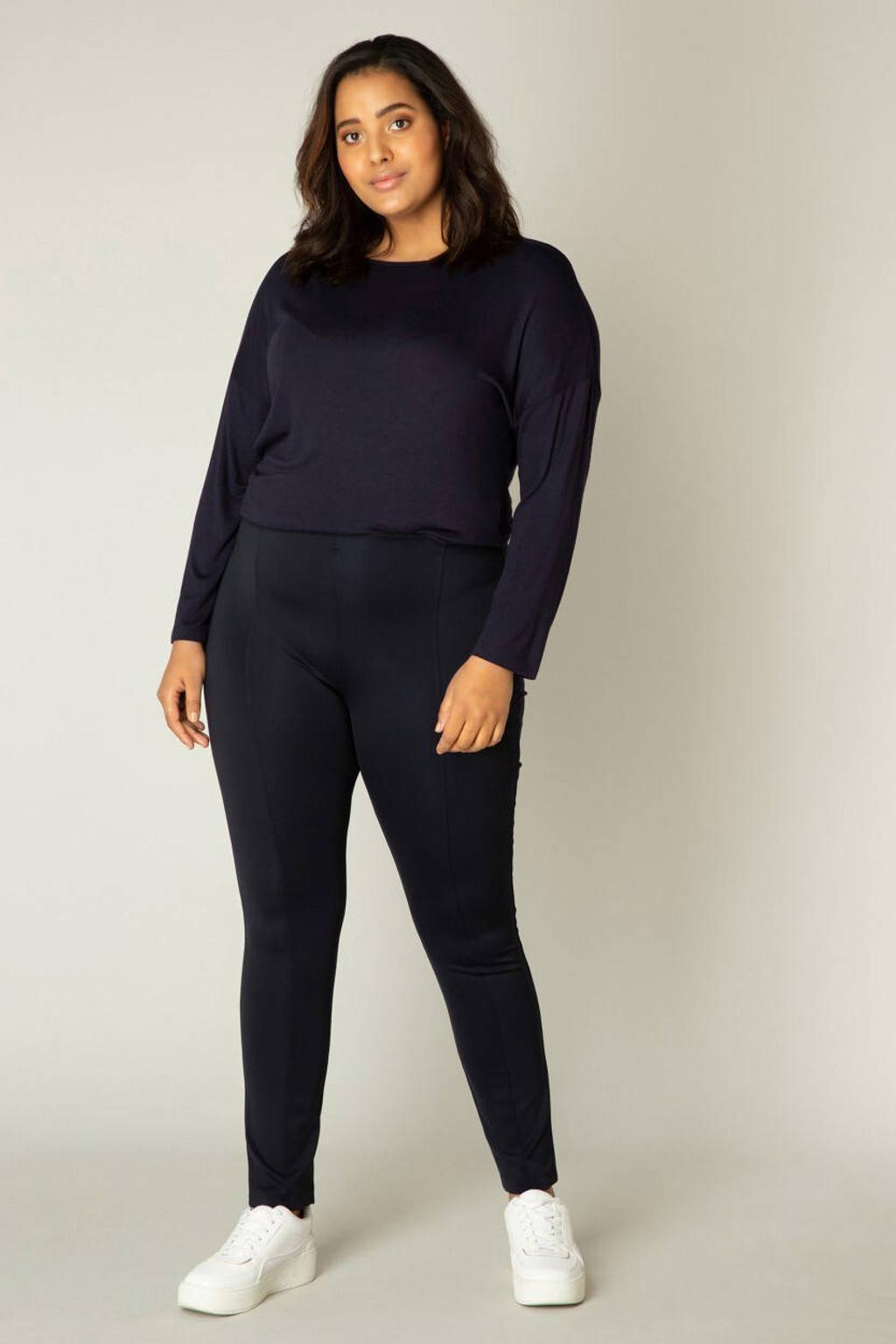 Donkerblauwe dames Base Level Curvy high waist skinny tregging Ada van nylon met elastische tailleband en effen