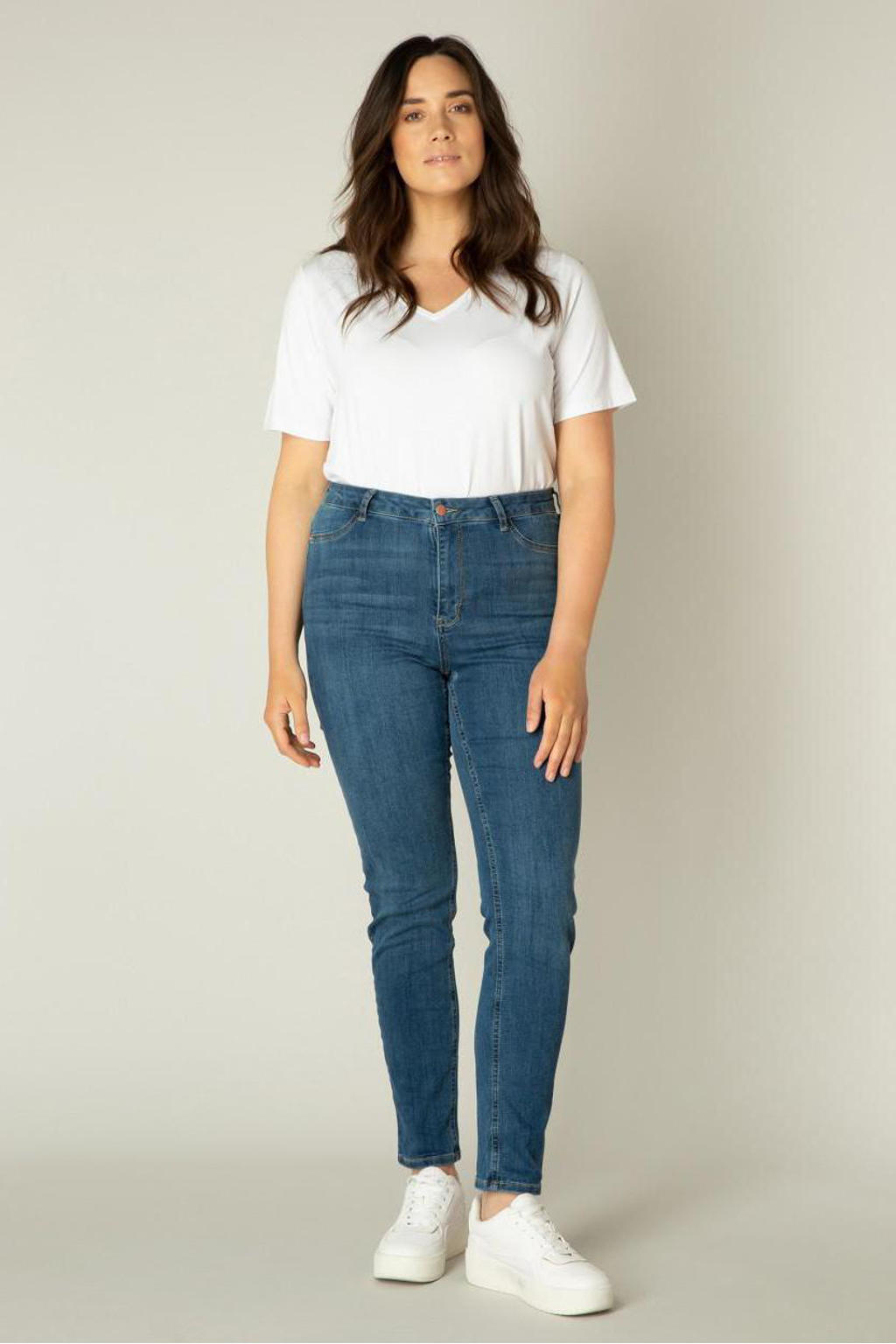 Blauwe dames Base Level Curvy high waist skinny jeans Faya van stretchdenim met rits- en knoopsluiting en effen