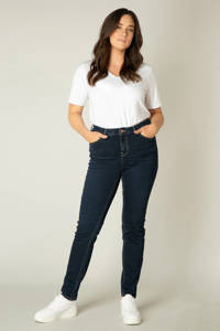 Donkerblauwe dames Base Level Curvy by Yesta push-up slim fit jeans Joya van stretchdenim met regular waist