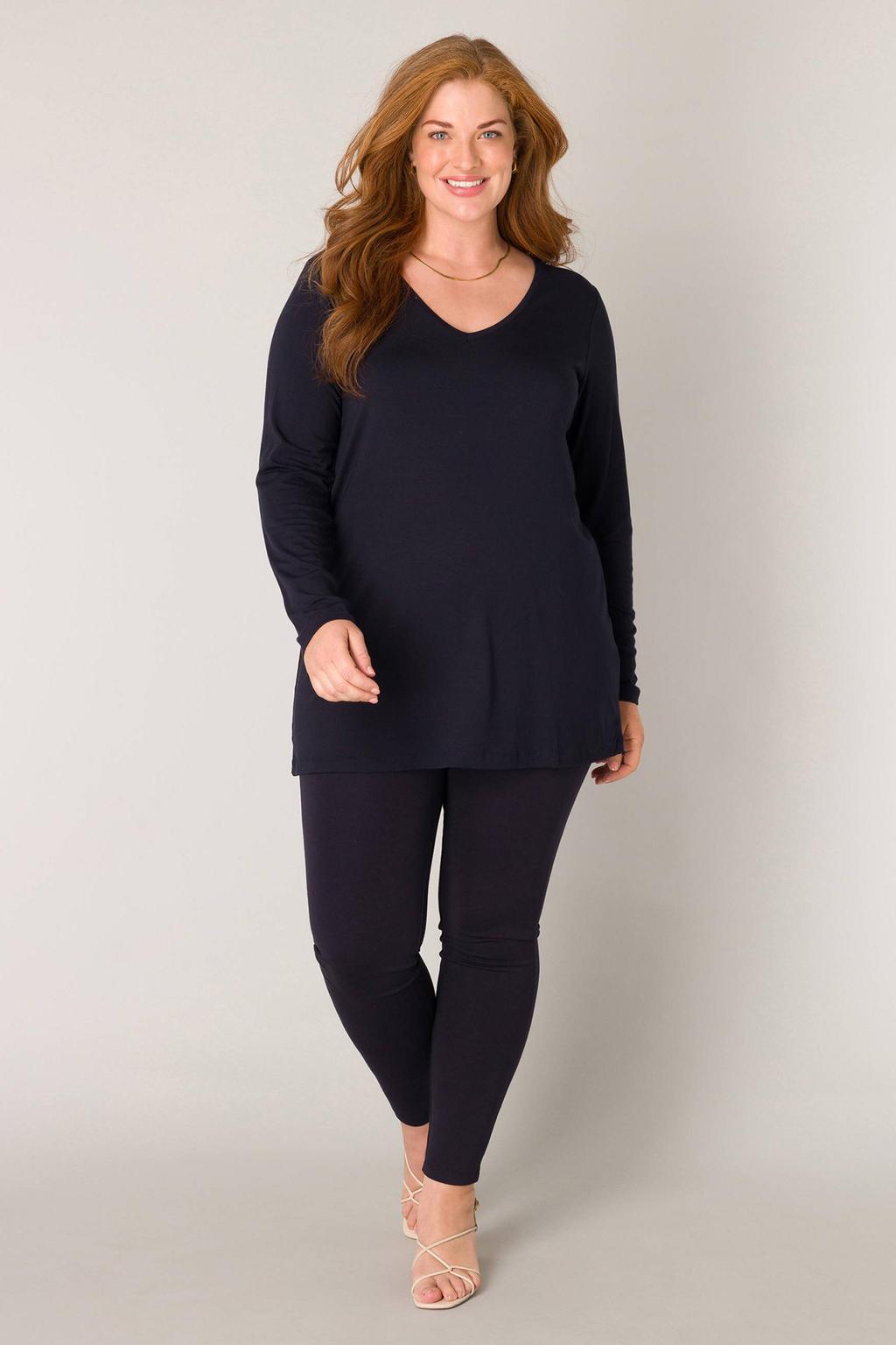 Donkerblauwe dames Base Level Curvy basic longsleeve Alize met effen, lange mouwen en V-hals