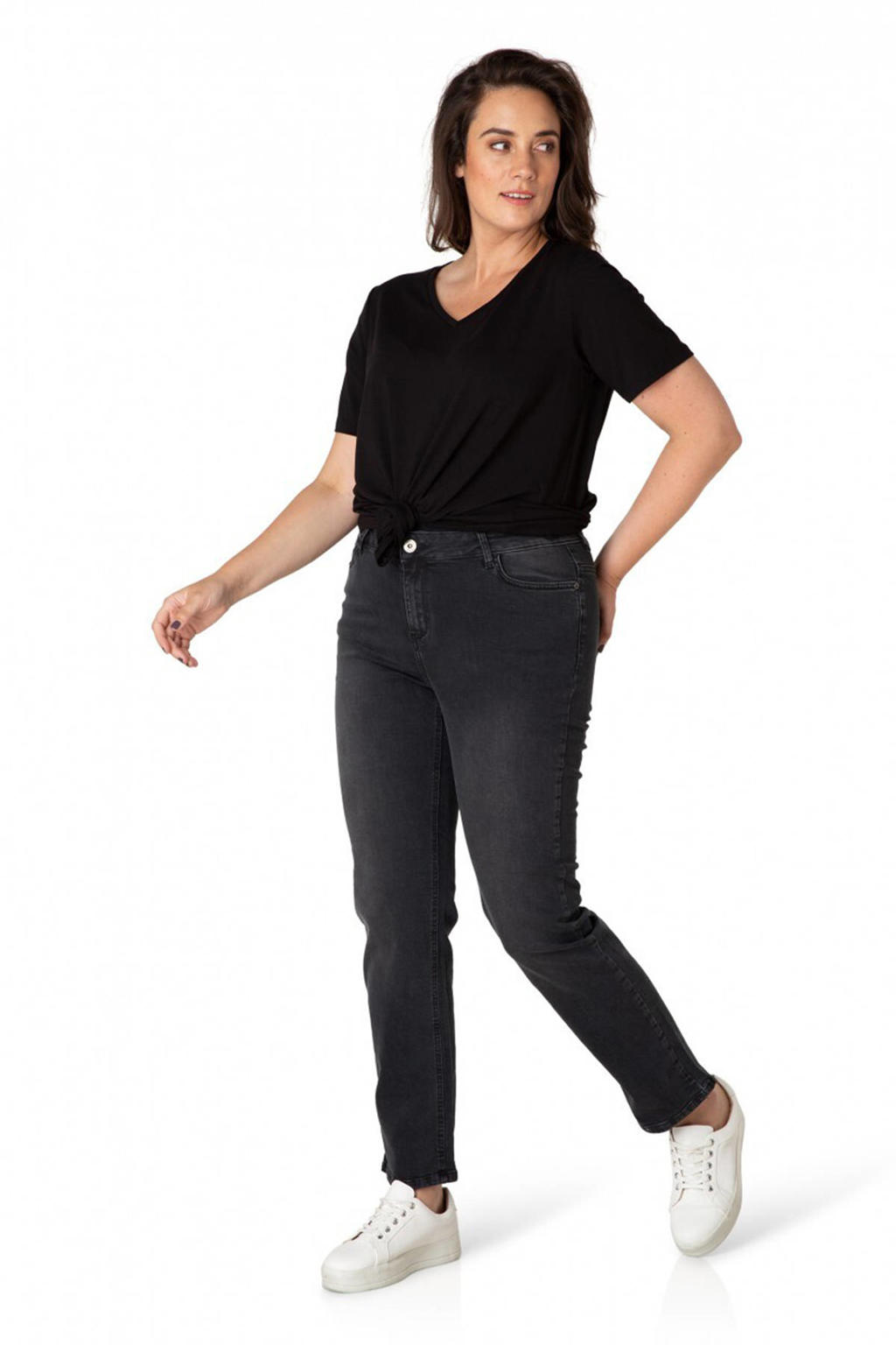 Zwarte dames Yesta straight fit jeans Maggie washed van stretchdenim met regular waist en rits- en knoopsluiting