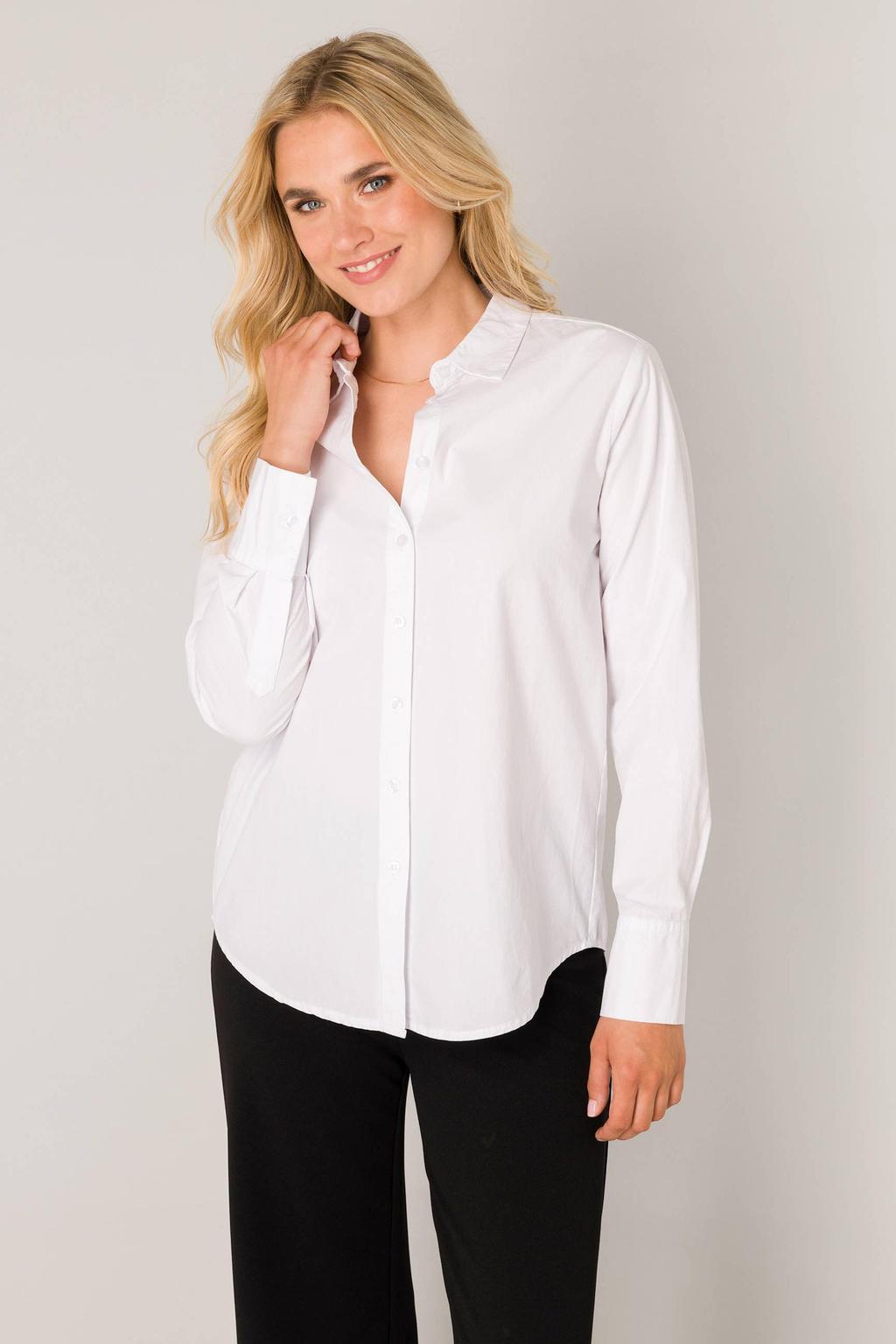 Witte dames Base Level blouse Yune van katoen met effen, lange mouwen, klassieke kraag en knoopsluiting