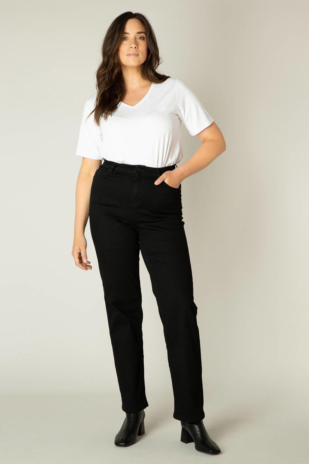 Zwarte dames Base Level Curvy high waist straight leg jeans Ayda van stretchdenim met rits- en knoopsluiting en effen