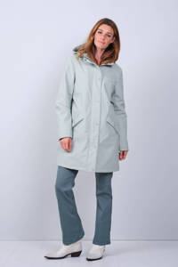 Lichtgroene dames Didi gevoerde coated jas van polyester met lange mouwen, capuchon en rits- en drukknoopsluiting