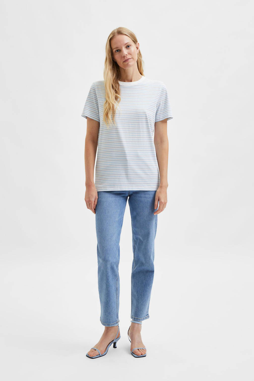 Wit en blauwe dames SELECTED FEMME gestreept T-shirt van katoen met korte mouwen en ronde hals
