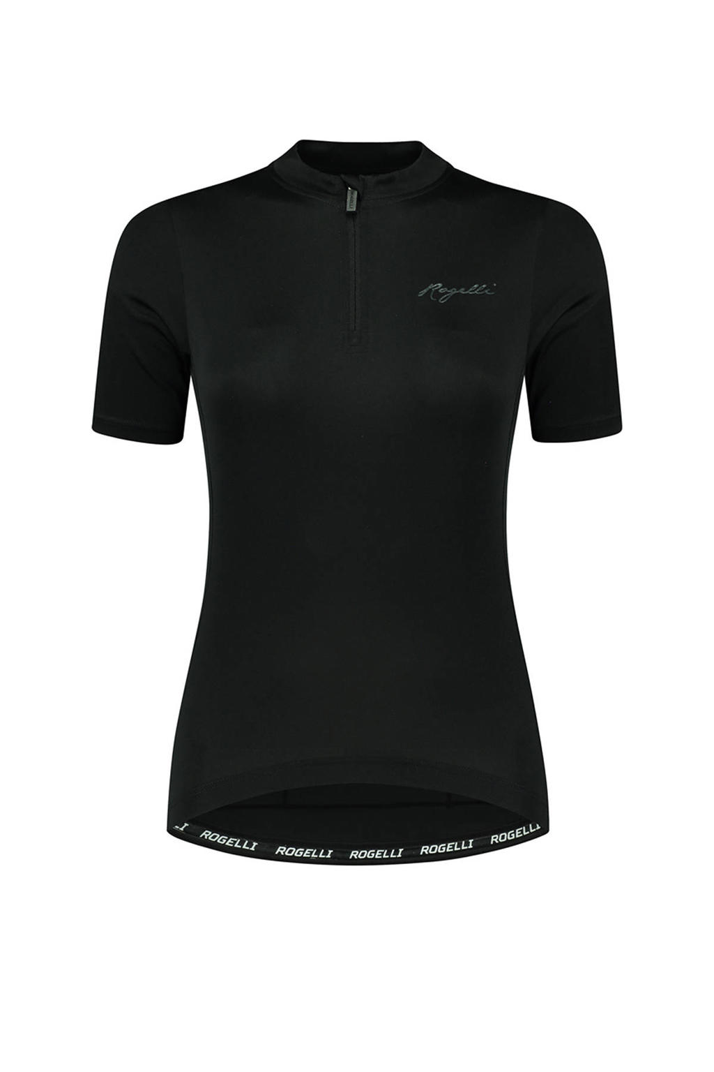 Zwarte dames Rogelli fietsshirt KM Core van polyester met effen, korte mouwen, opstaande kraag en ritssluiting