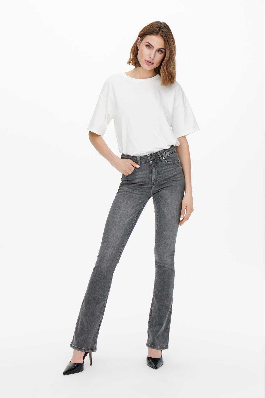 Grijze dames ONLY flared jeans van stretchdenim met regular waist en rits- en knoopsluiting