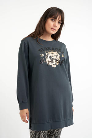 sweater met printopdruk en pailletten grijsblauw/zwart/goud