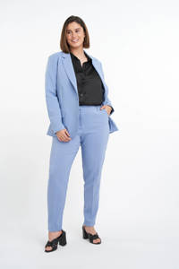 Lichtblauwe dames MS Mode tapered fit pantalon van polyester met regular waist en rits- en haaksluiting