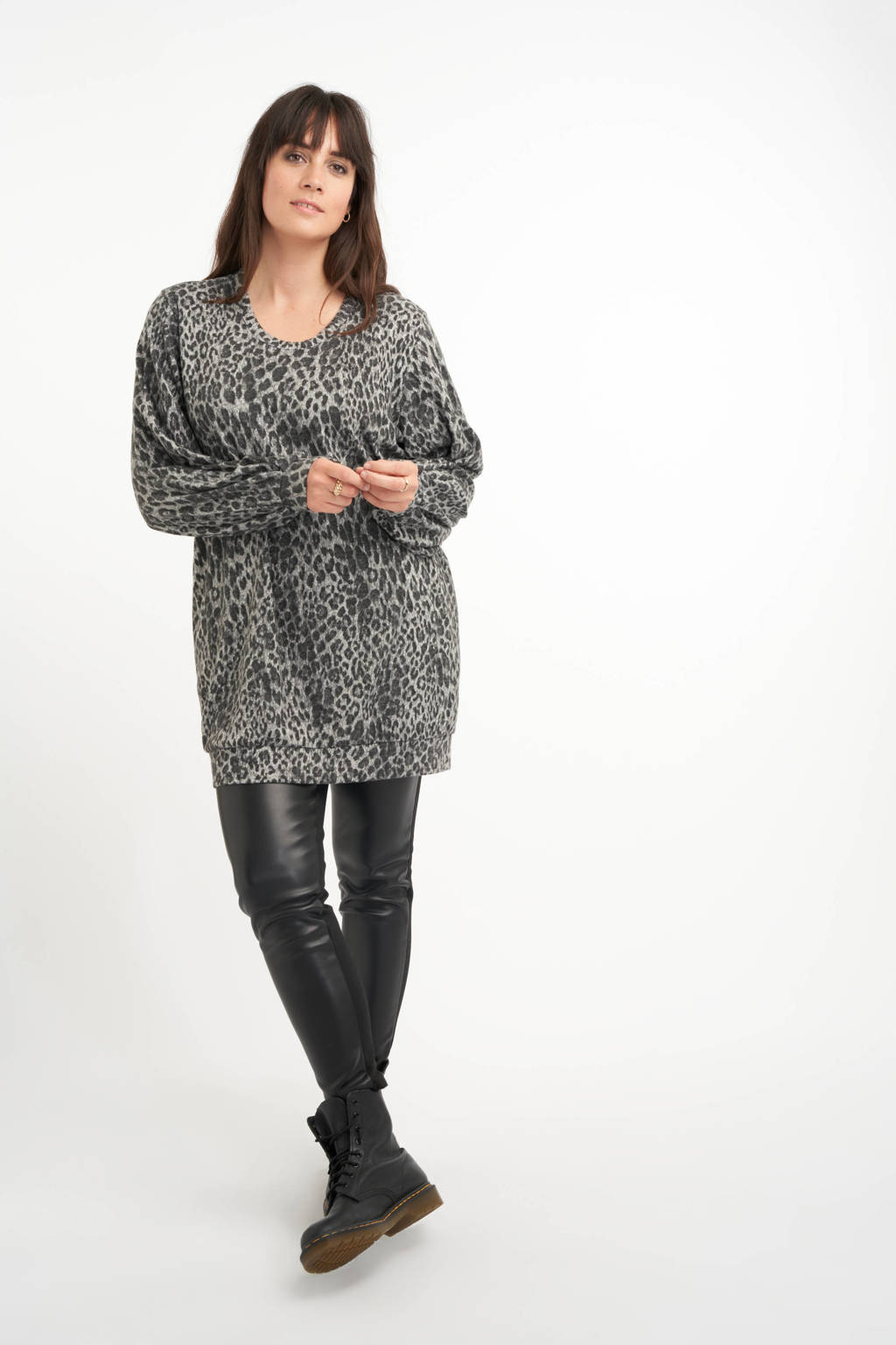 Grijze dames MS Mode trui van polyester met panterprint, lange mouwen en elastische boord