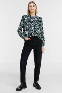 Turquoise en zwarte dames Soyaconcept blouse Blenda 2 en volant van viscose met all over print, lange mouwen, klassieke kraag, knoopsluiting en schouderdetail