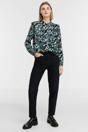 blouse Blenda 2 met all over print en volant turquoise/zwart