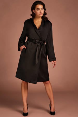 satijnlook badjas met fleecevoering zwart