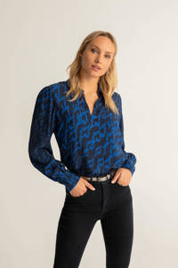 Zwart en blauwe dames Expresso blouse van viscose met all over print, lange mouwen, klassieke kraag, knoopsluiting en pofmouwen