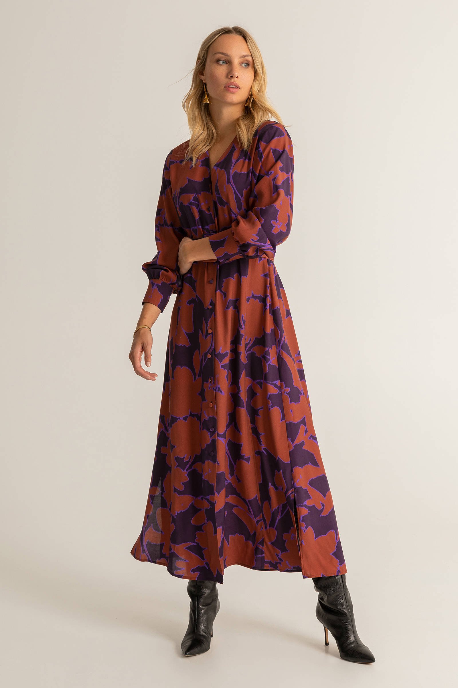 Expresso maxi jurk met all over print en ceintuur paars lila