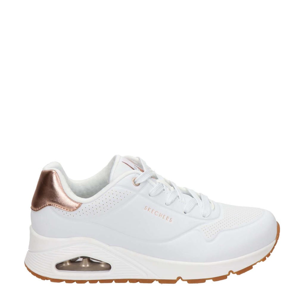 Witte dames Skechers Uno sneakers van imitatieleer met veters en effen