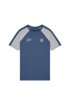 slim fit T-shirt met logo blauw/grijs