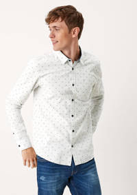 Witte heren Q S designed by slim fit overhemd van katoen met all over print, lange mouwen en klassieke kraag