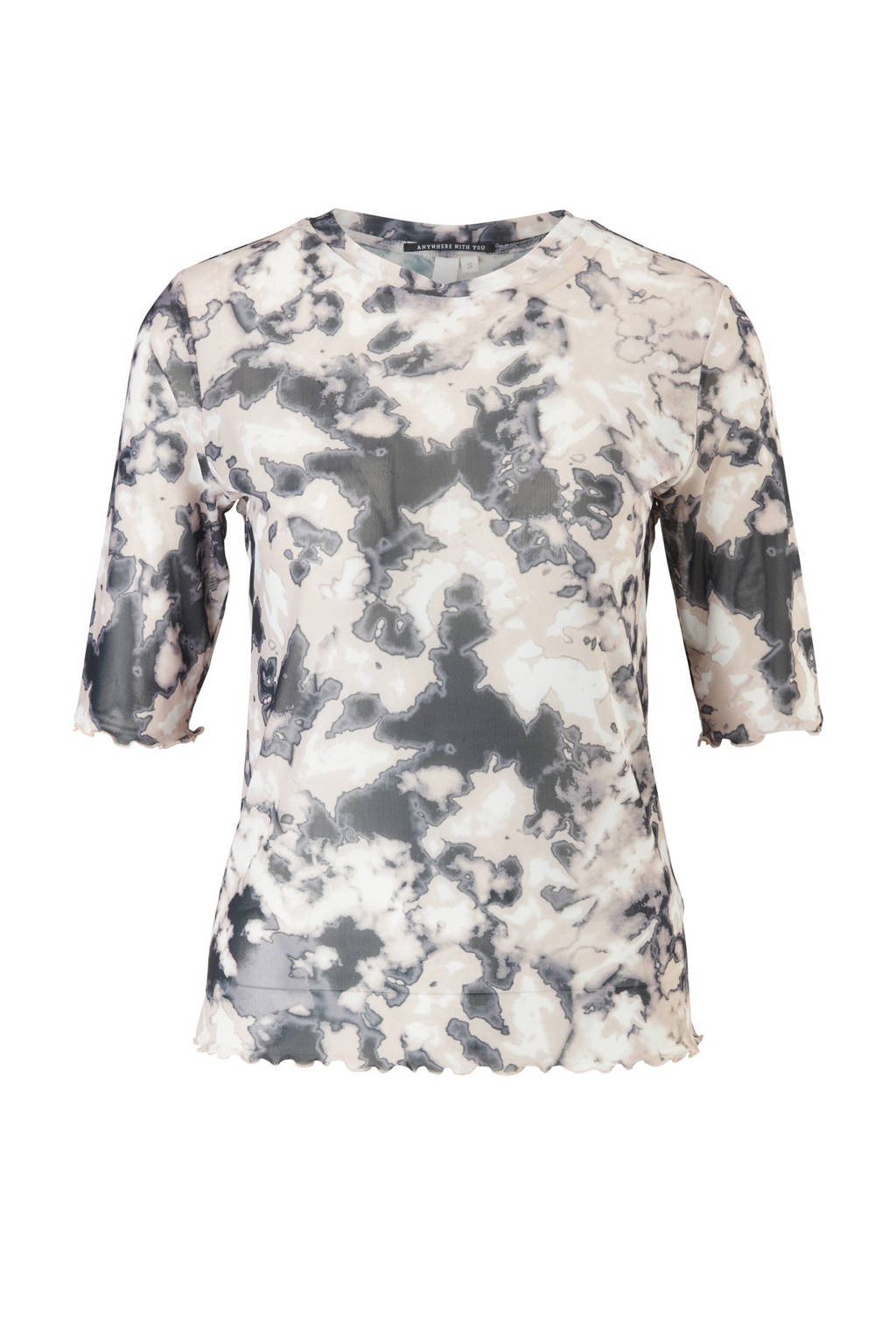 Ecru en grijze dames Q S designed by top van polyester met all over print, half lange mouwen en ronde hals