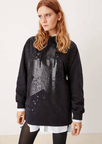 Zwarte dames Q S designed by hoodie van katoen met lange mouwen, capuchon en glimmend detail