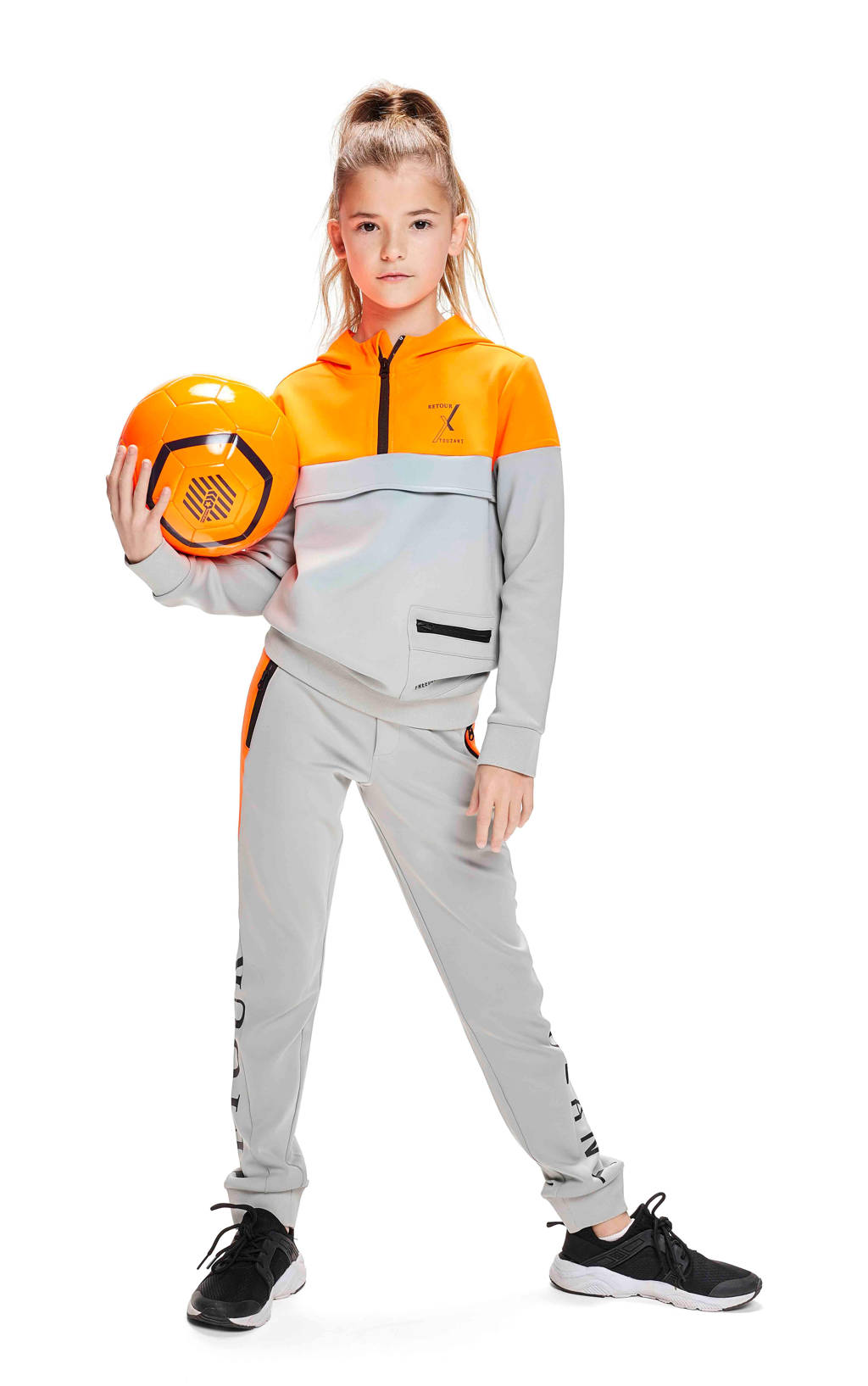Grijs en oranje jongens en meisjes Retour X Touzani hoodie Driver van sweat materiaal met meerkleurige print, lange mouwen, capuchon en halve rits
