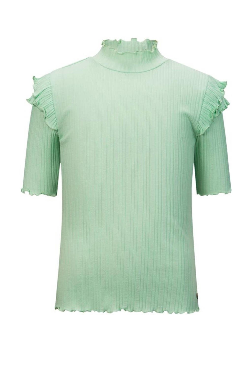 Groene meisjes Retour Denim T-shirt Yass van stretchkatoen met half lange mouwen, opstaande kraag en ruches