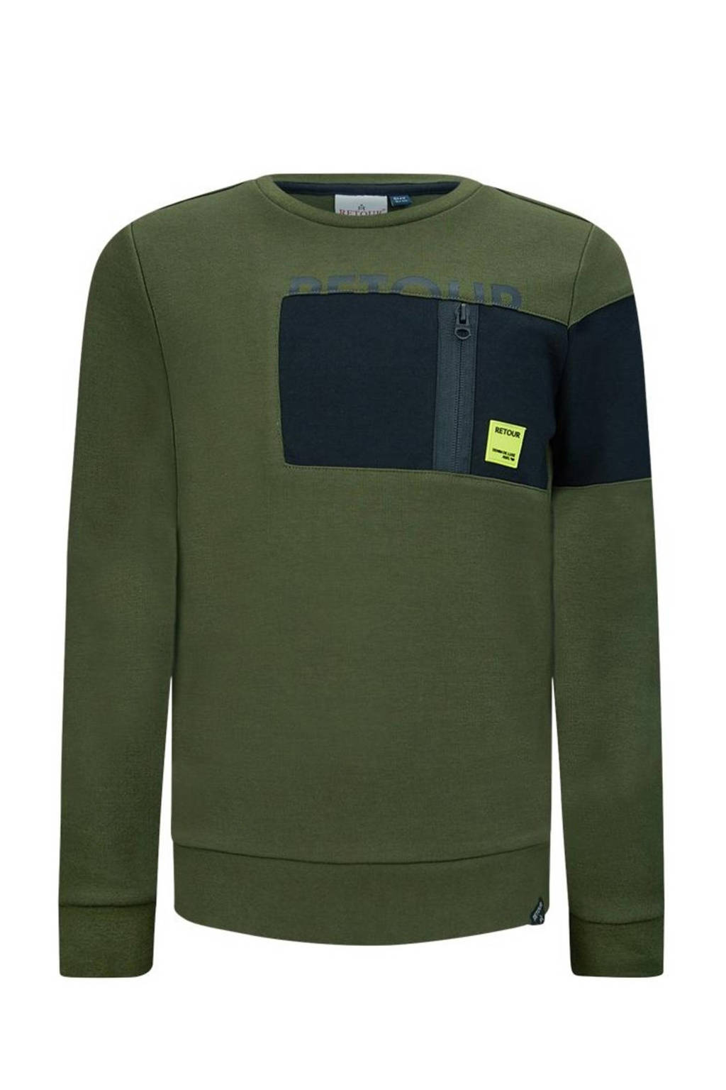 Groen, olijfgroen en zwarte jongens Retour Denim sweater Aldo met meerkleurige print, lange mouwen en ronde hals